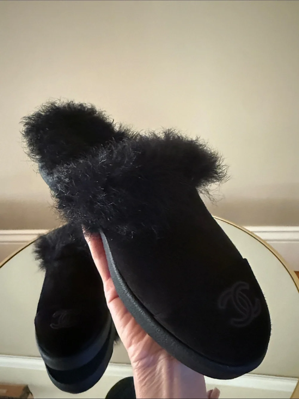 Chanel Black Suede Real Fur Shearling Clogs Mules Sz 40